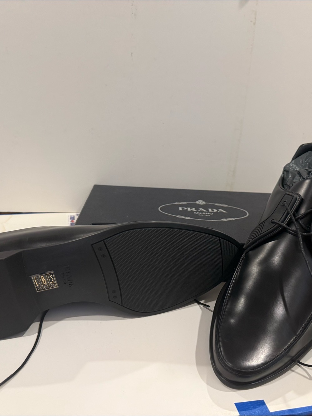Prada Black Leather Derby Shoes with Lace-Up